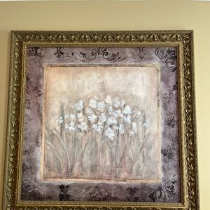 Gorgeous white, gold and deep purple 43” square floral wall print.